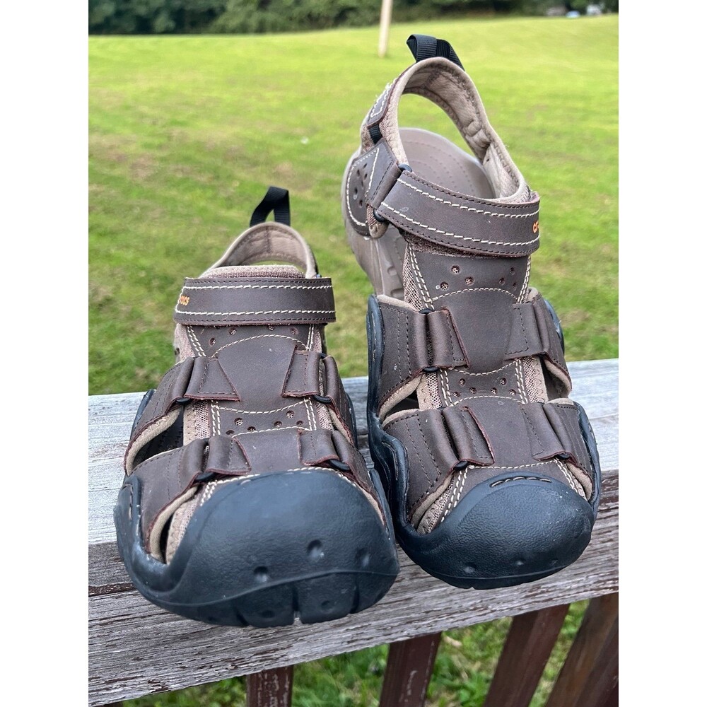 Crocs Swiftwater Fisherman Sandals Mens Sz 12 Brown Leather 204562 Hiking Trail